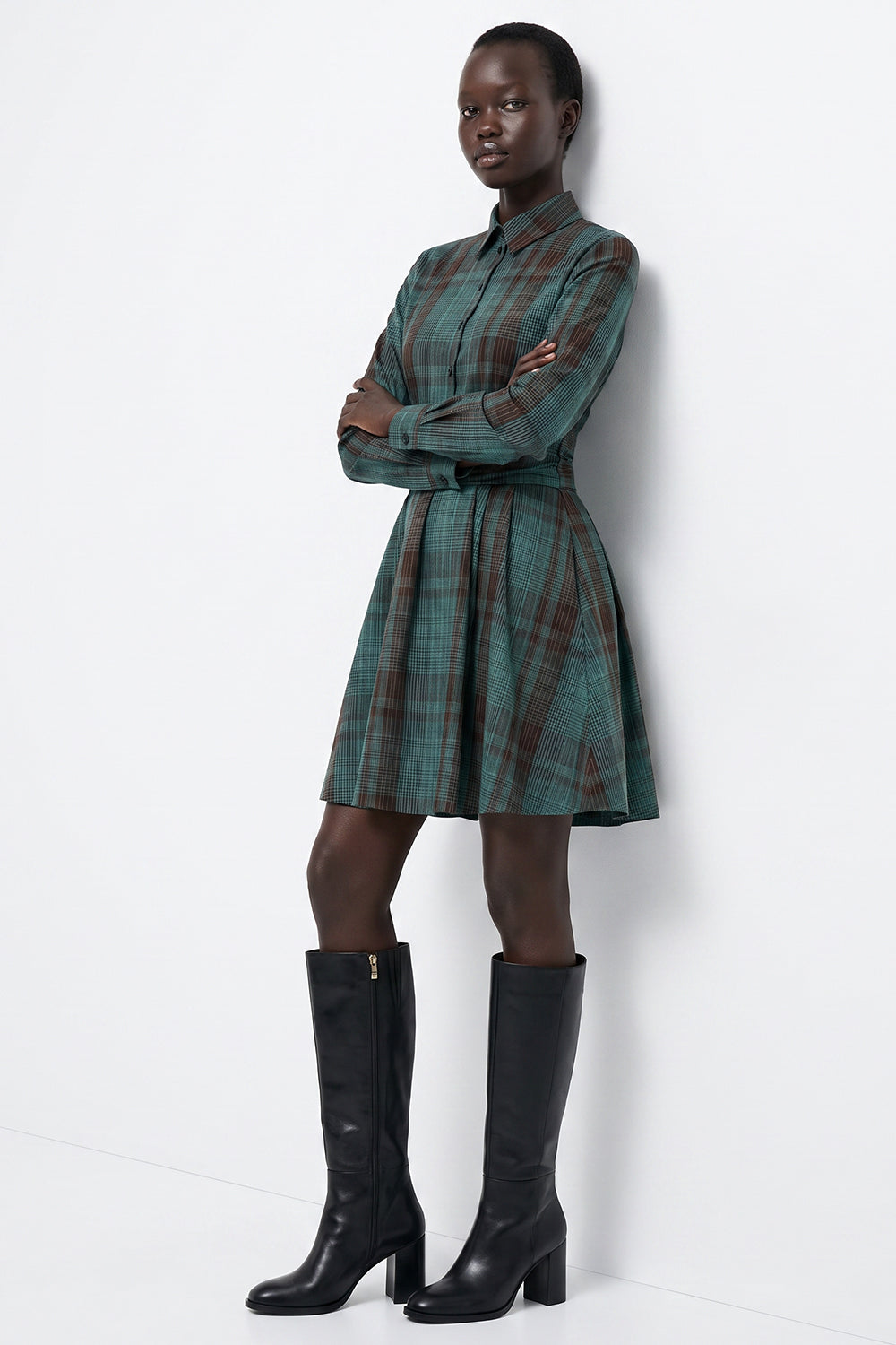 Long Sleeve Mini Dress with Waist Detail - MULTICOLOR