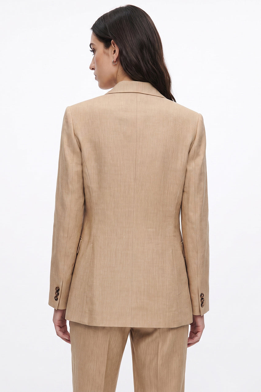 Linen Blend Shoulder-Padded Wrap Jacket - CAMEL