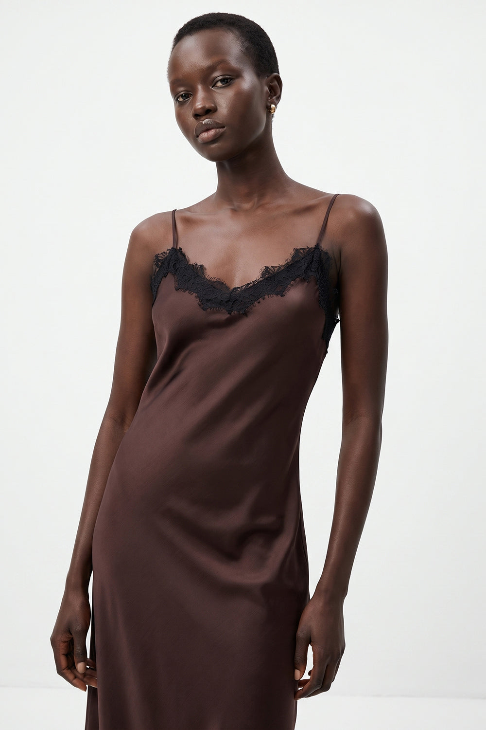 Satin Fitted Dress with Adjustable Straps - BROWN