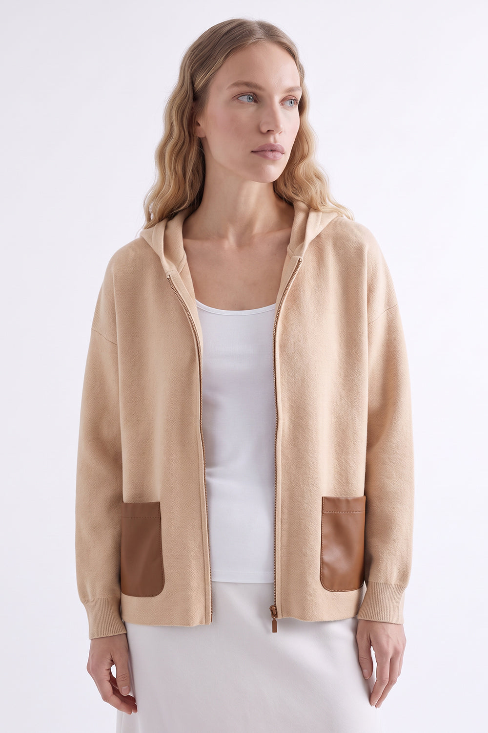 Leather Trim Hooded Knit Cardigan - CAMEL