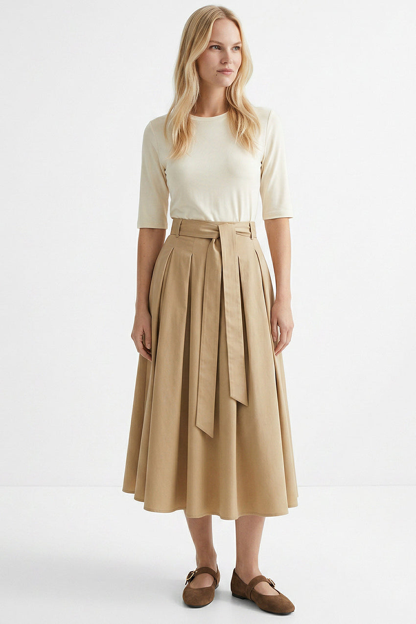 Round Neck Short Sleeve Belted Pleated Midi Dress - ECRU