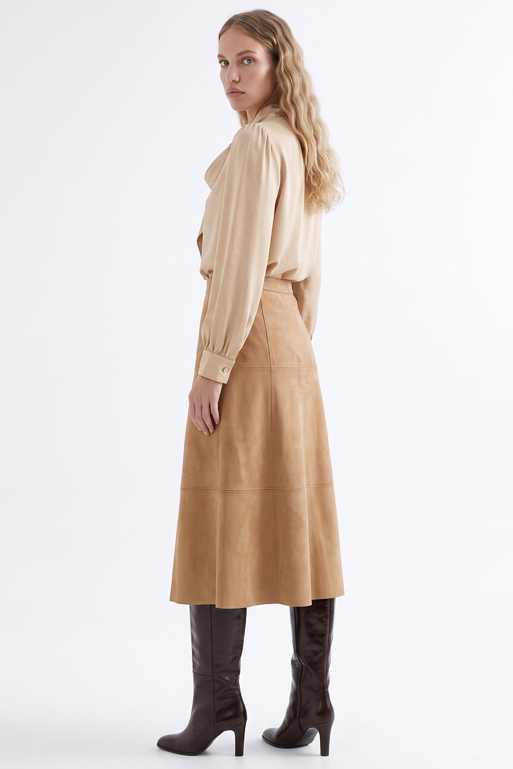 Stitch Detail Suede Midi Skirt with Zipper - CAMEL