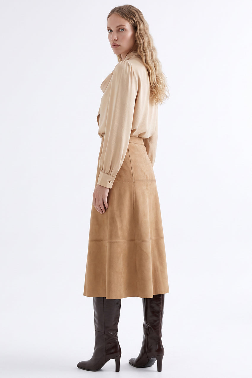 Stitch Detail Suede Midi Skirt with Zipper - CAMEL