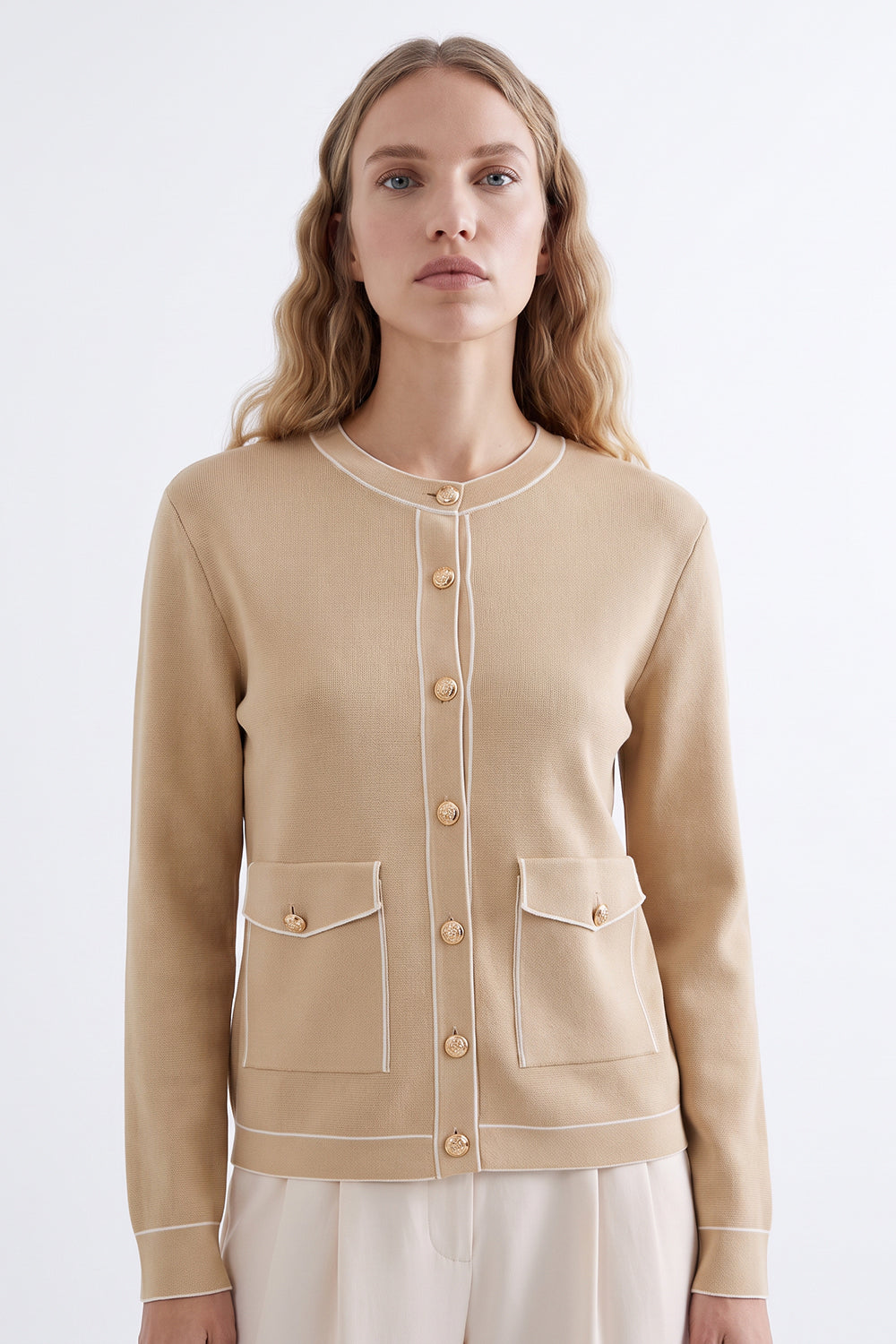 Round Neck Pocketed Knit Cardigan - BEIGE