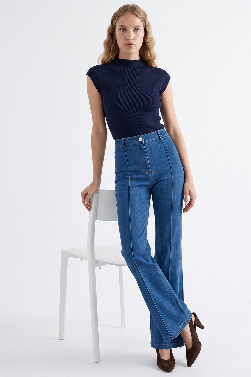 Stand Collar Sleeveless Knit Blouse - NAVY BLUE