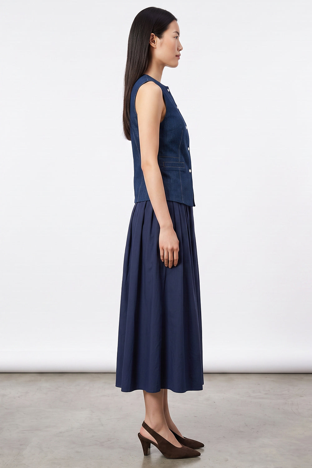 Denim Trim Zip-Front Midi Dress - BLUE
