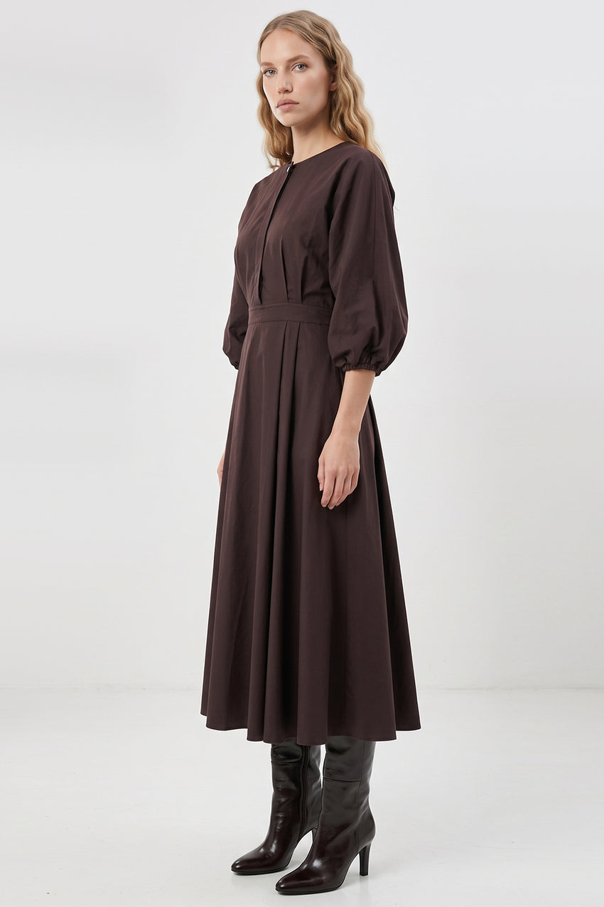 Elastic Back Balloon Sleeve Midi Dress - BROWN