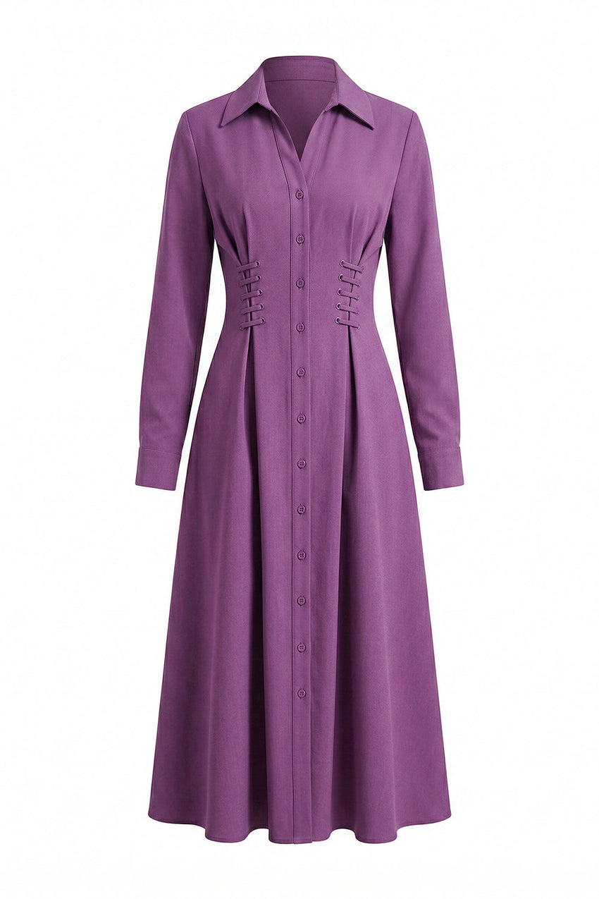 Eyelet Detail Pocket Shirt Collar Midi Dress - LILA