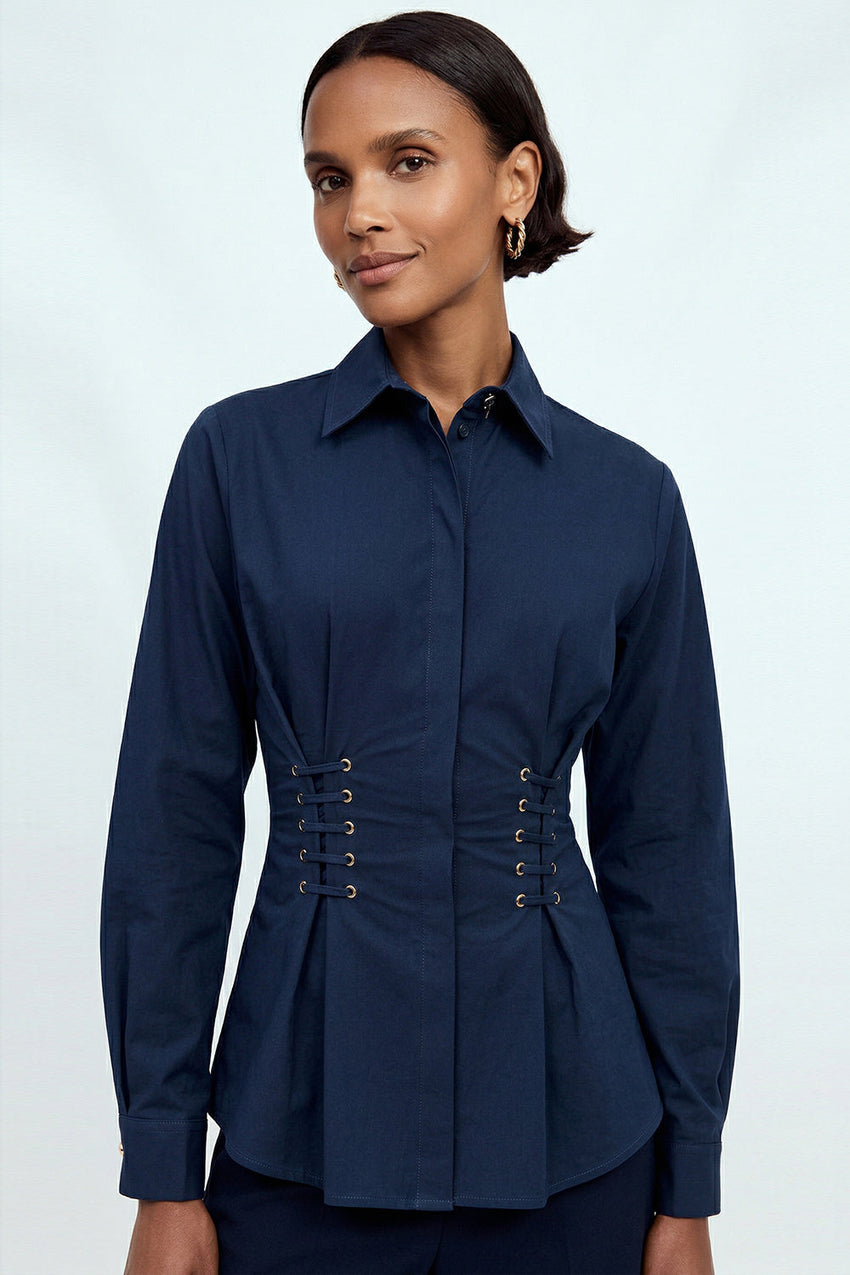 Miya Eyelet Detail Shirt - NAVY BLUE
