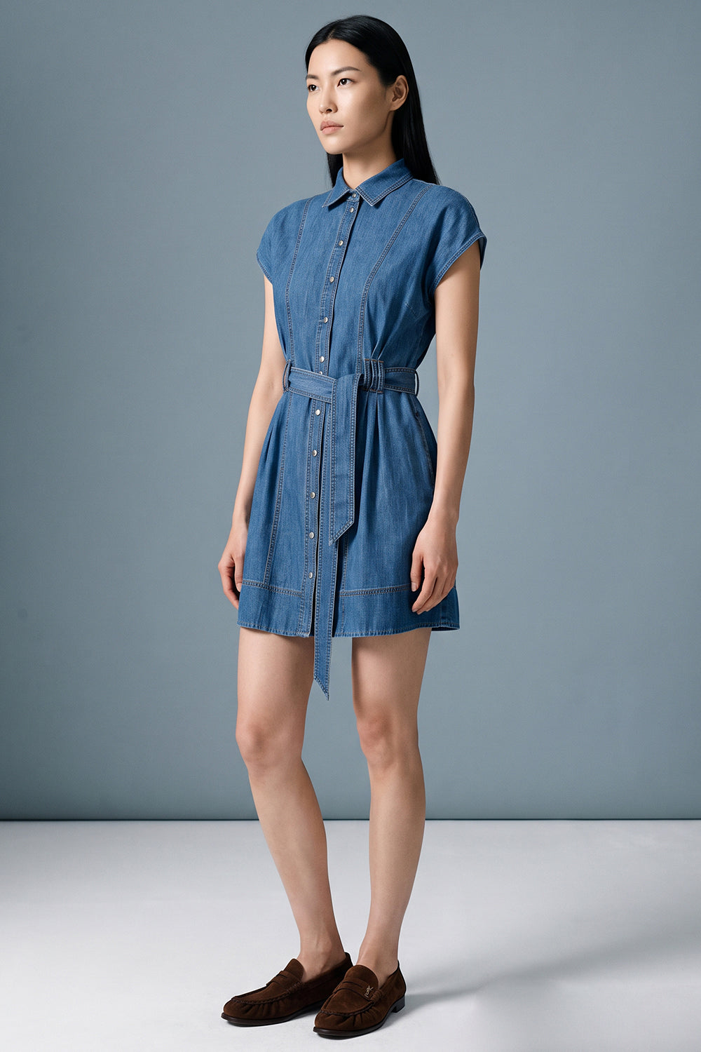 Short Sleeve Mini Dress with Pockets and Belt - INDIGO