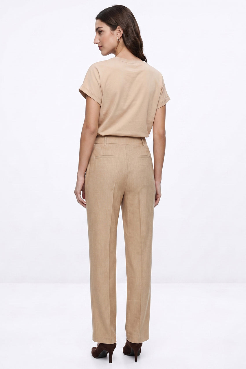 High Waisted Linen Blend Trousers - CAMEL
