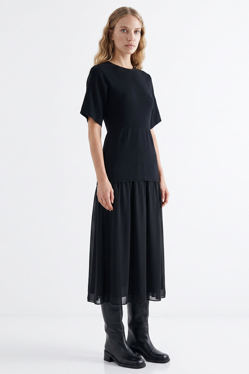 Short Sleeve Midi Dress with Chiffon Lined Skirt - BLACK
