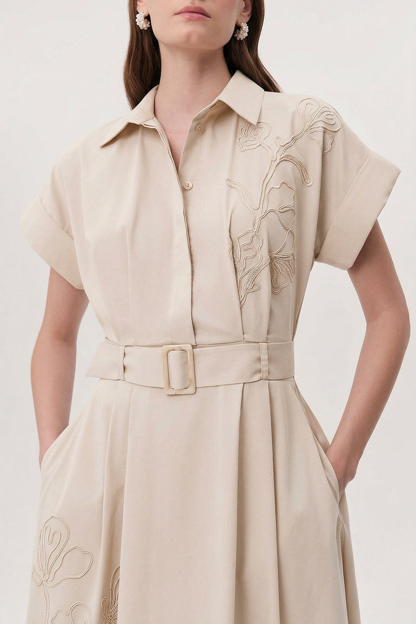 Shirt Collar Short Sleeve Belted Pocket Midi Dress - CREAM