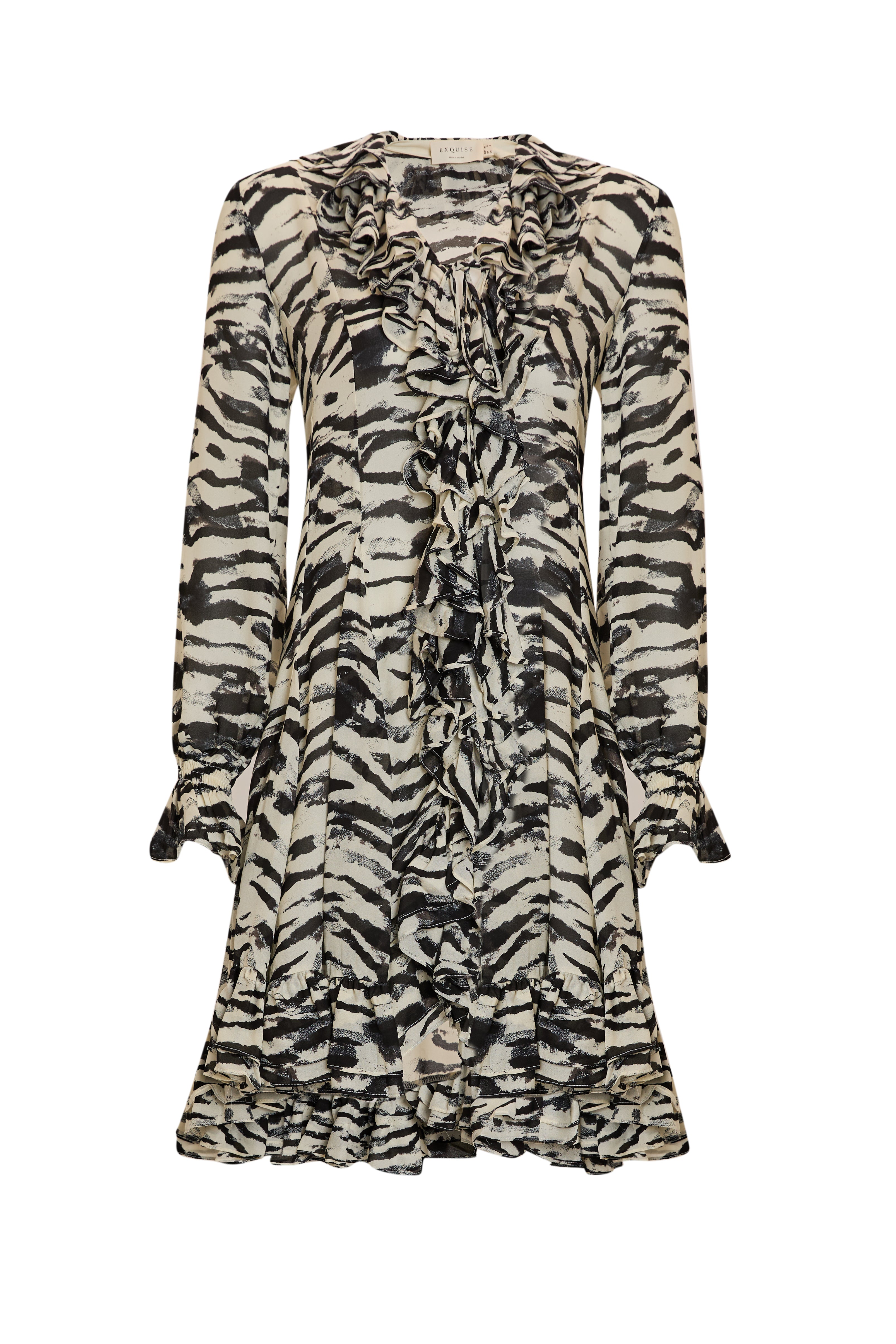 Long Sleeve Ruffle Detailed Zebra Print Woven Mini Dress