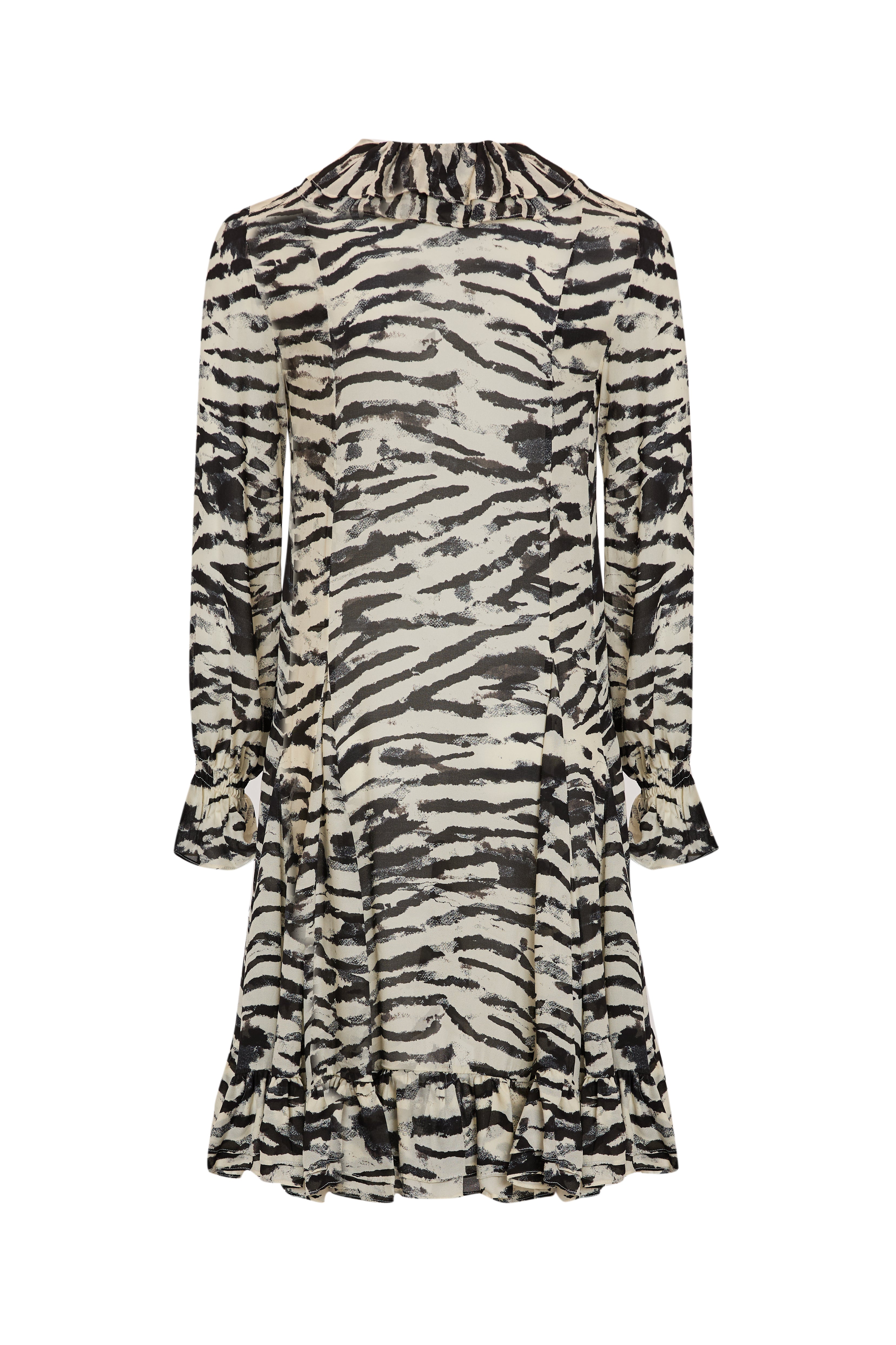 Long Sleeve Ruffle Detailed Zebra Print Woven Mini Dress