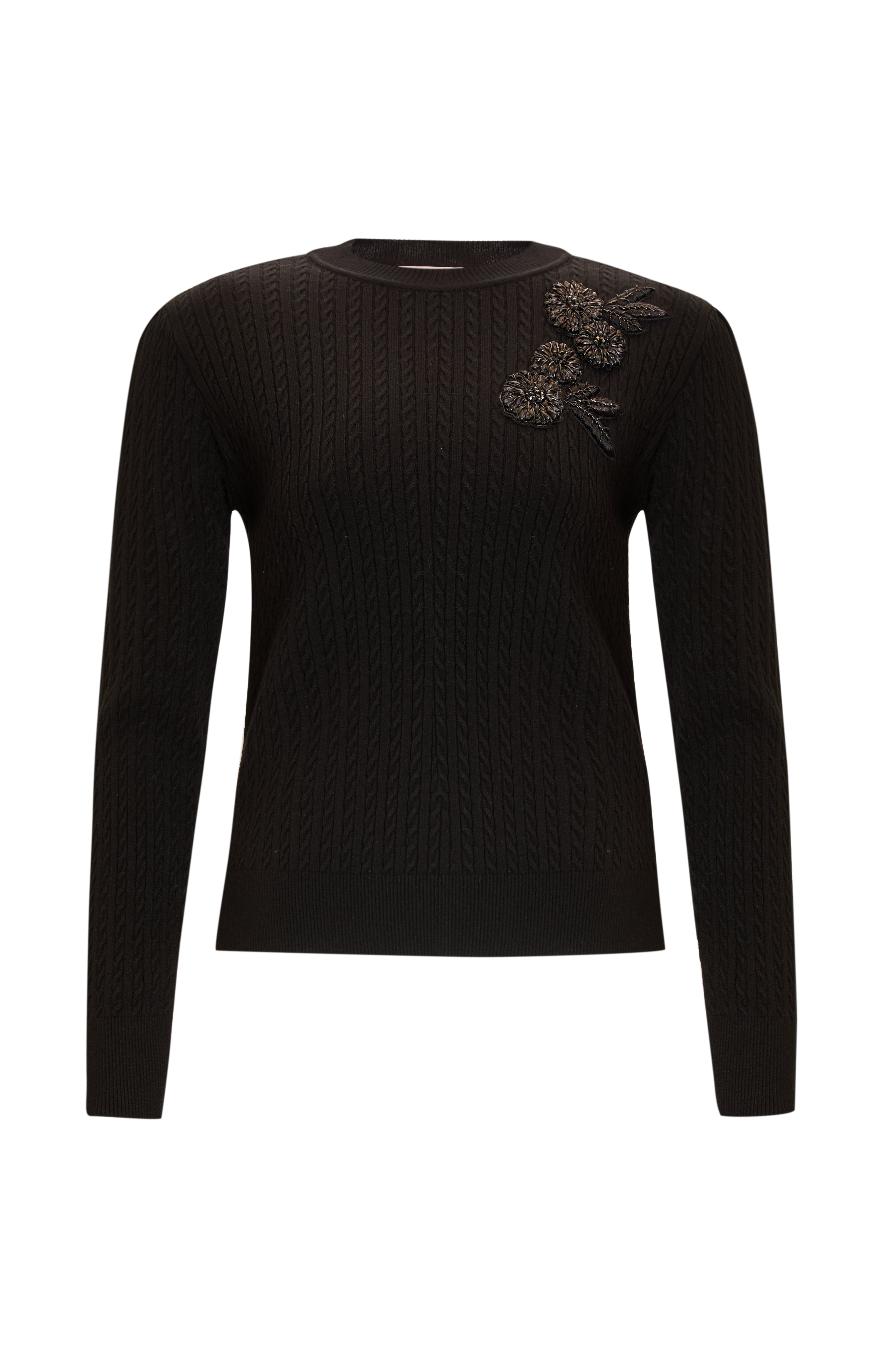 Long Sleeve Crew Neck Black Knit Sweater with Floral Embroidery