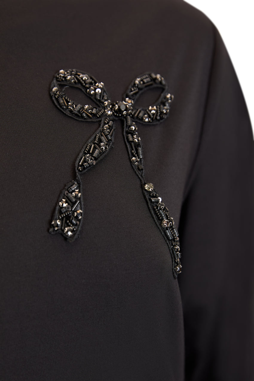 Crew Neck Long Sleeve Black Embroidered Woven Blouse