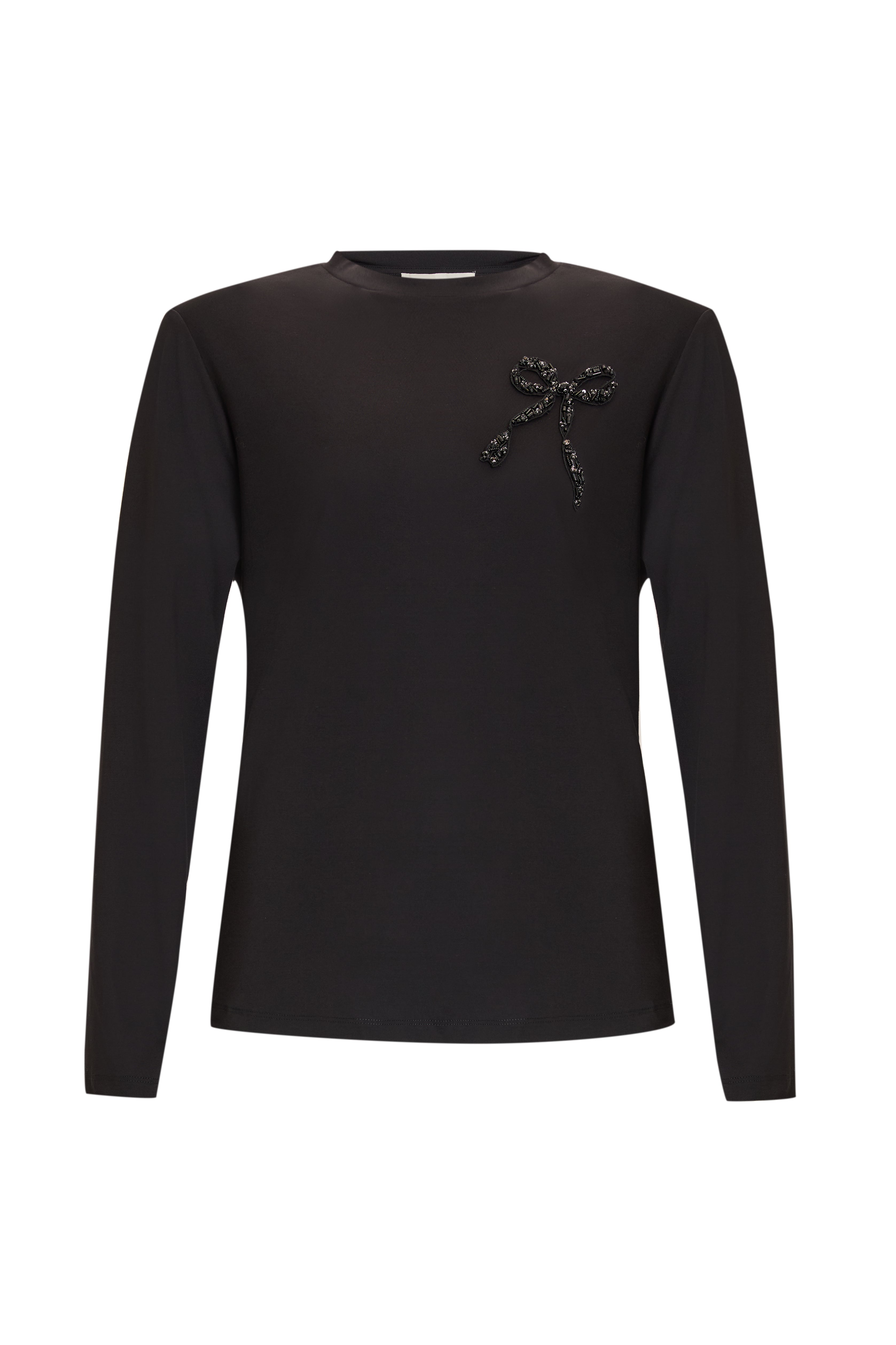 Crew Neck Long Sleeve Black Embroidered Woven Blouse