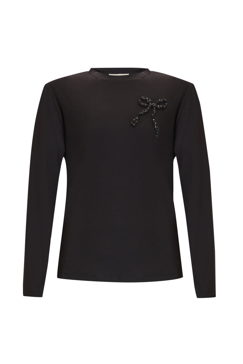 Crew Neck Long Sleeve Black Embroidered Woven Blouse