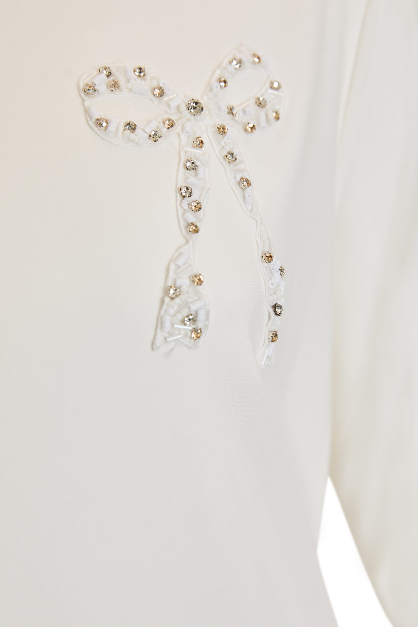 Crew Neck Long Sleeve Ecru Embroidered Woven Blouse