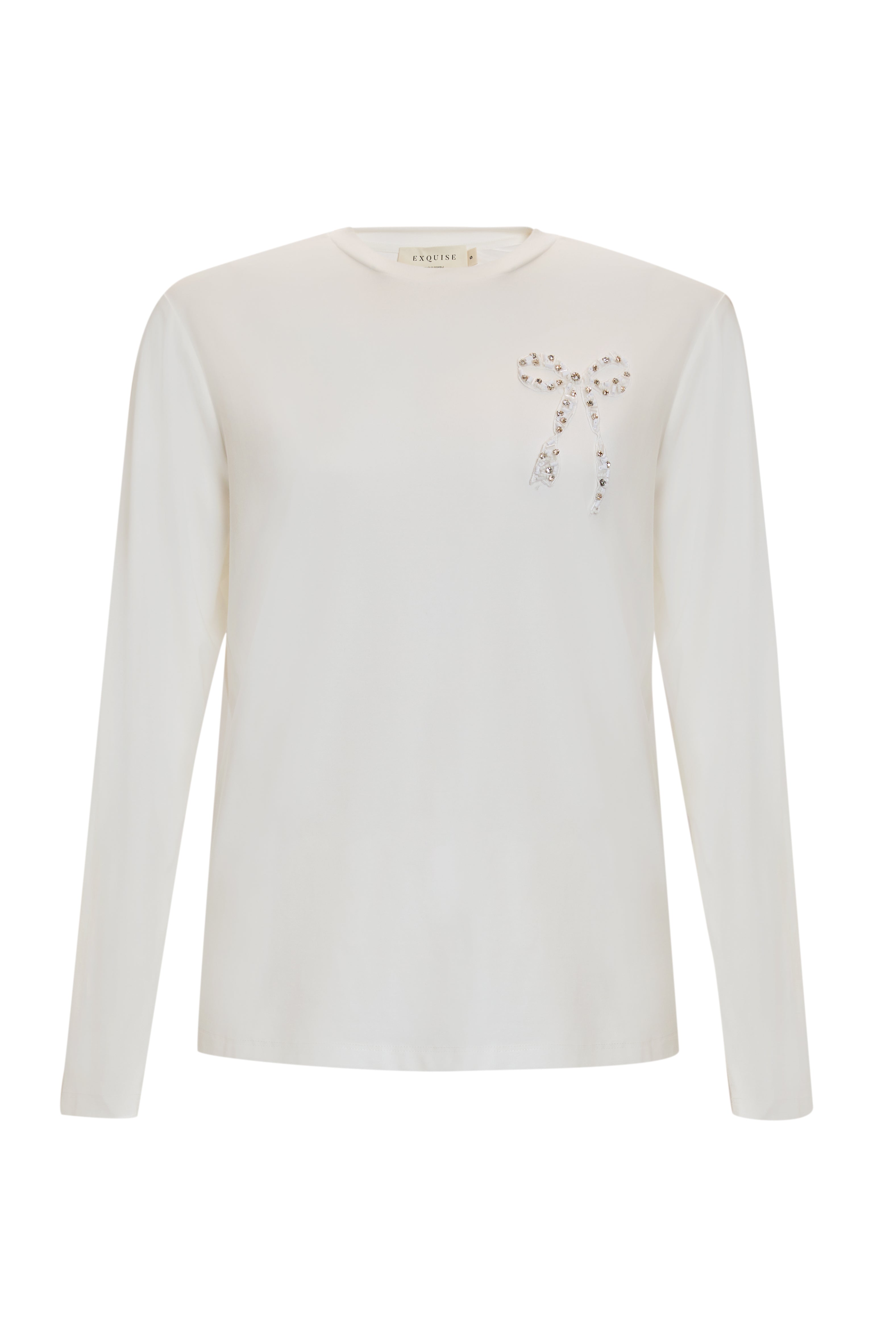 Crew Neck Long Sleeve Ecru Embroidered Woven Blouse