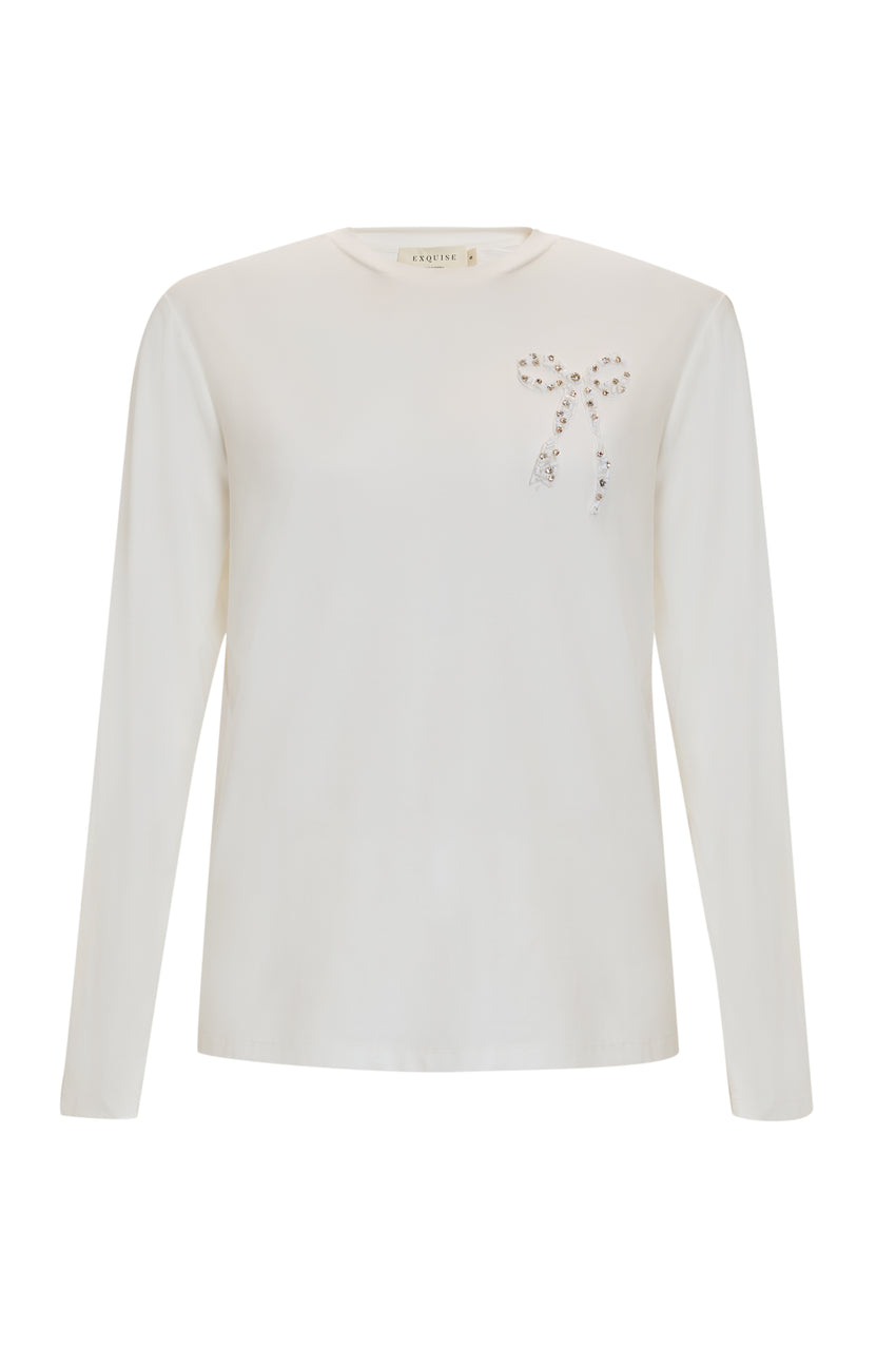 Crew Neck Long Sleeve Ecru Embroidered Woven Blouse