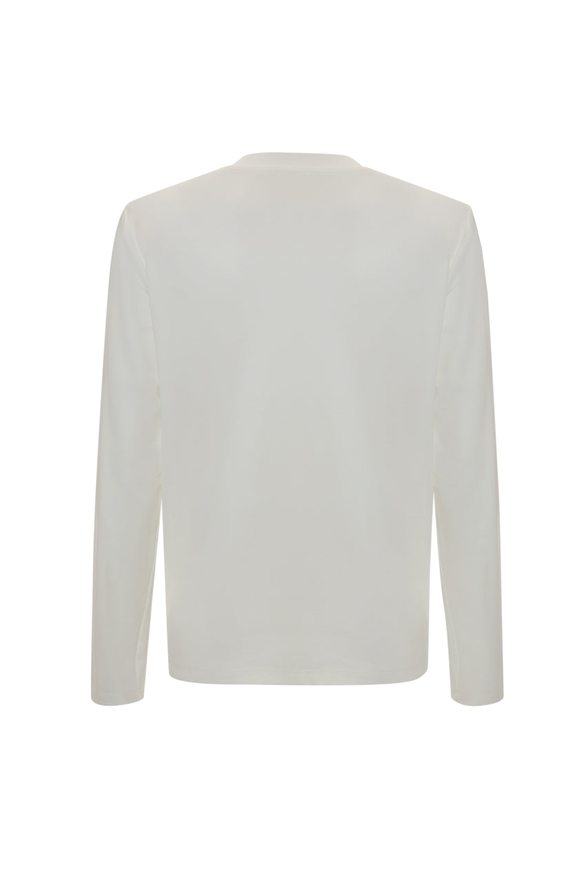 Crew Neck Long Sleeve Ecru Embroidered Woven Blouse