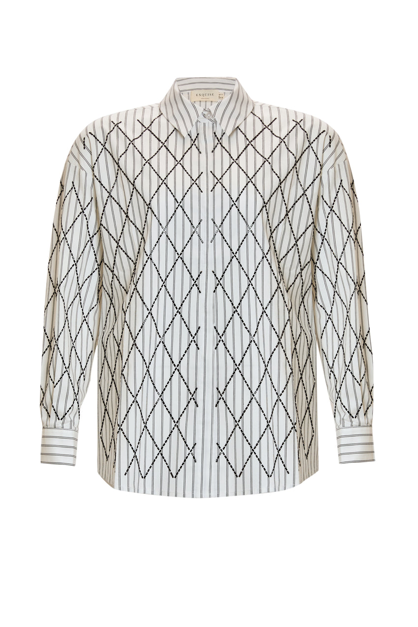 Long Sleeve Regular Woven Shirt with Geometric Embroidery Details
