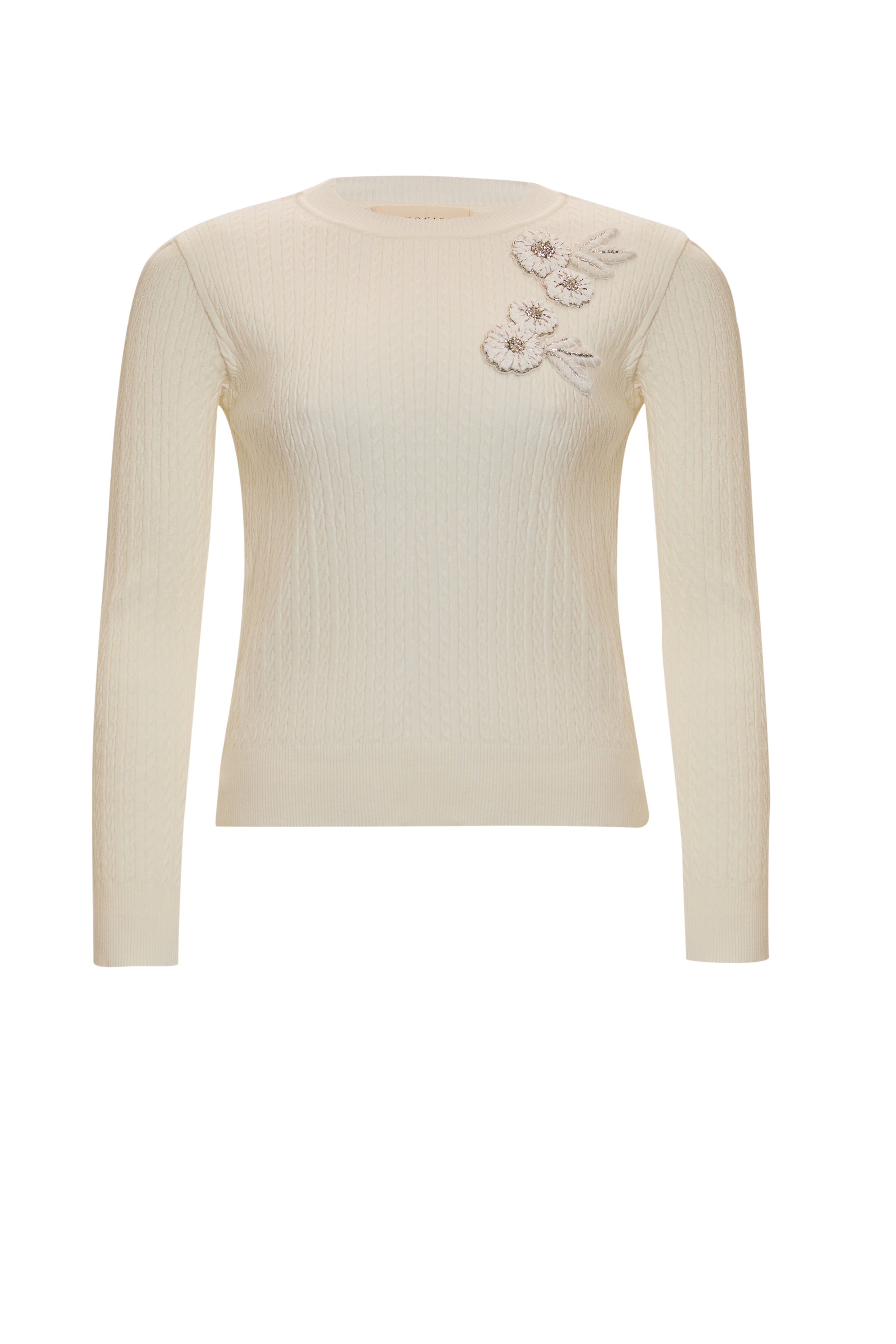 Long Sleeve Crew Neck Knit Sweater with Floral Embroidery