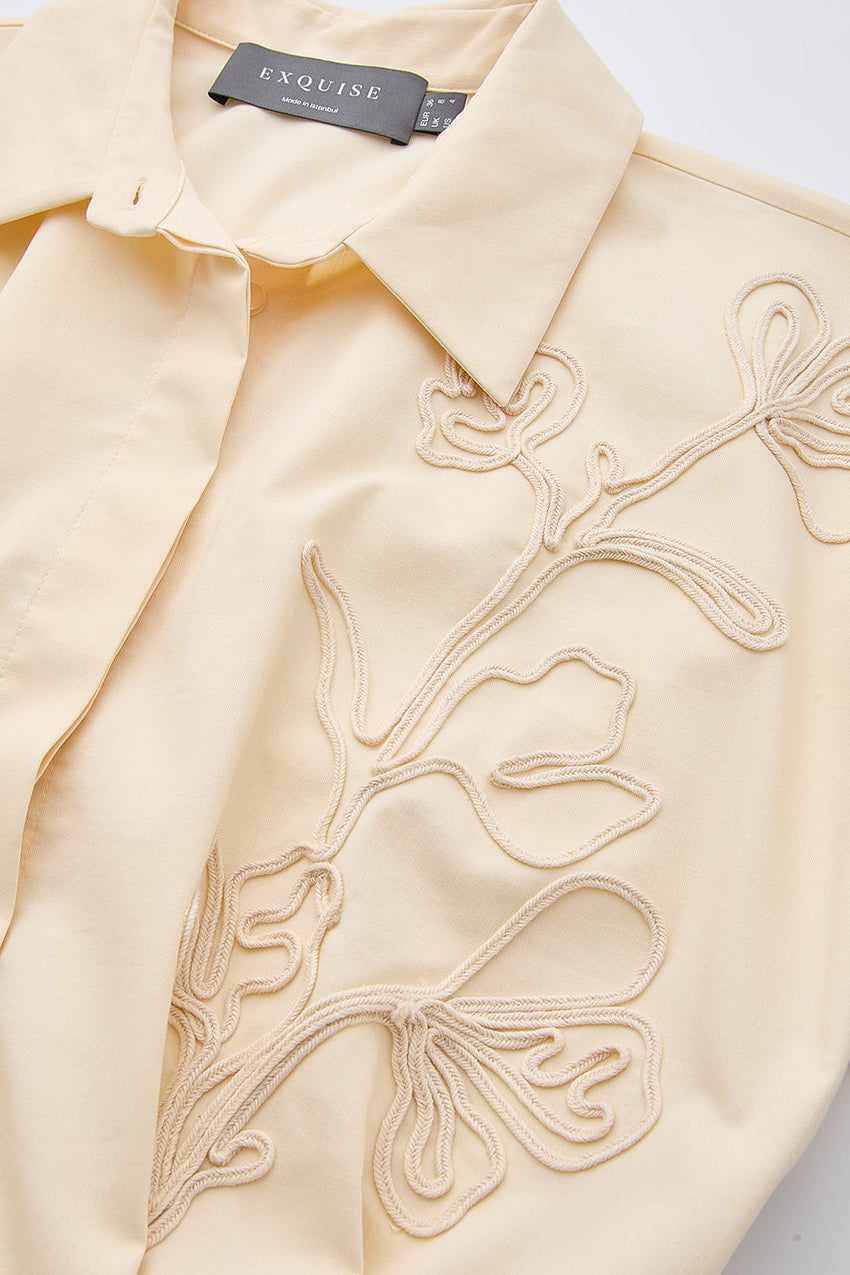 Shirt Collar Short Sleeve Belted Pocket Midi Dress - CREAM