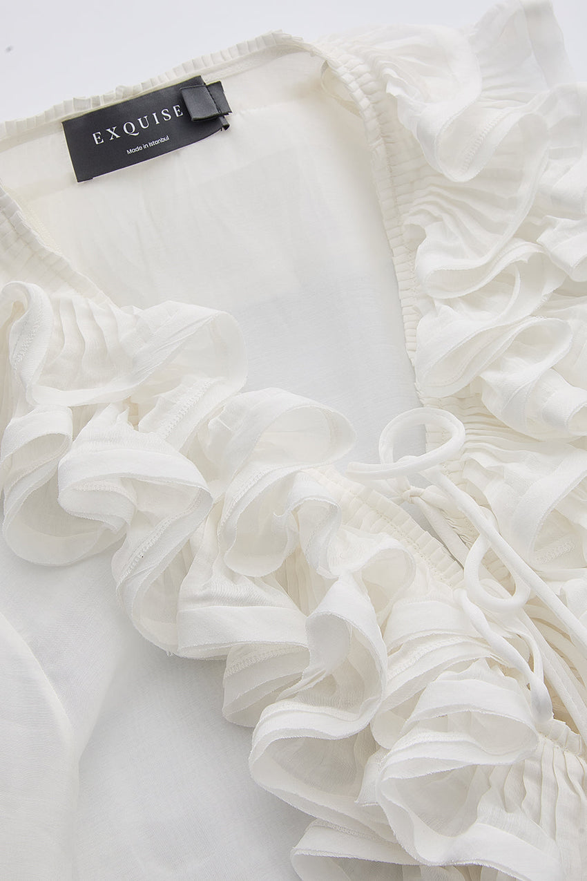 Keely V Neck Ruffled Blouse - WHITE