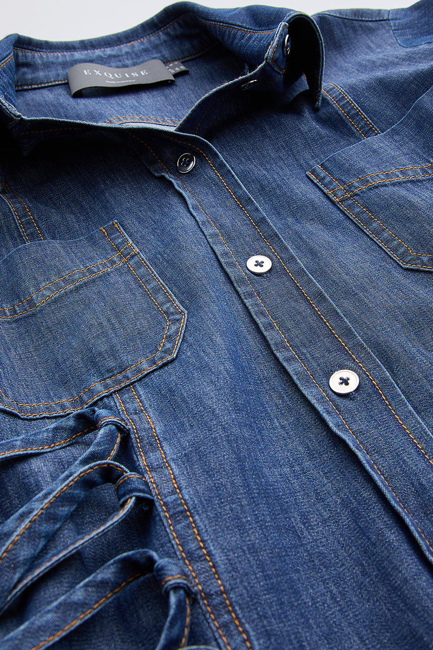 Shirt Sleeve Shirt Dress - BLUE