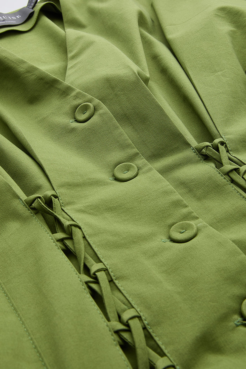 V Neck Tie Detailed  Pockets Midi Dress - KHAKI