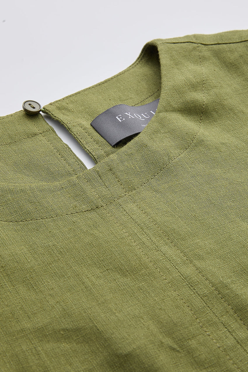 Almira Crew Neck Linen Blouse - KHAKI