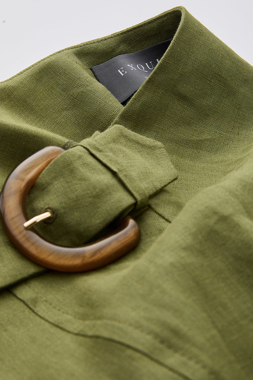 Linen Midi Skirt  - KHAKI