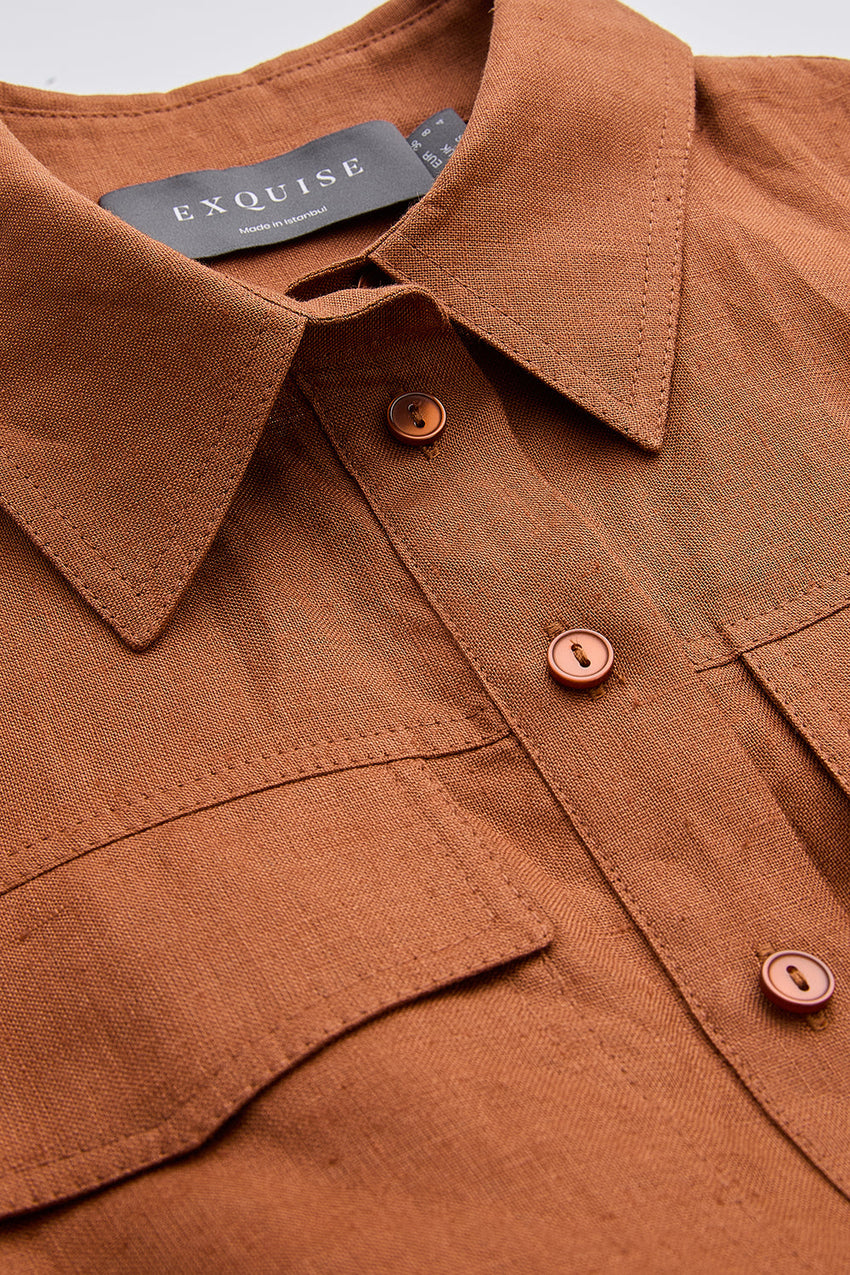 Shirt Collar Belted Linen Jumpsuit  - TAN
