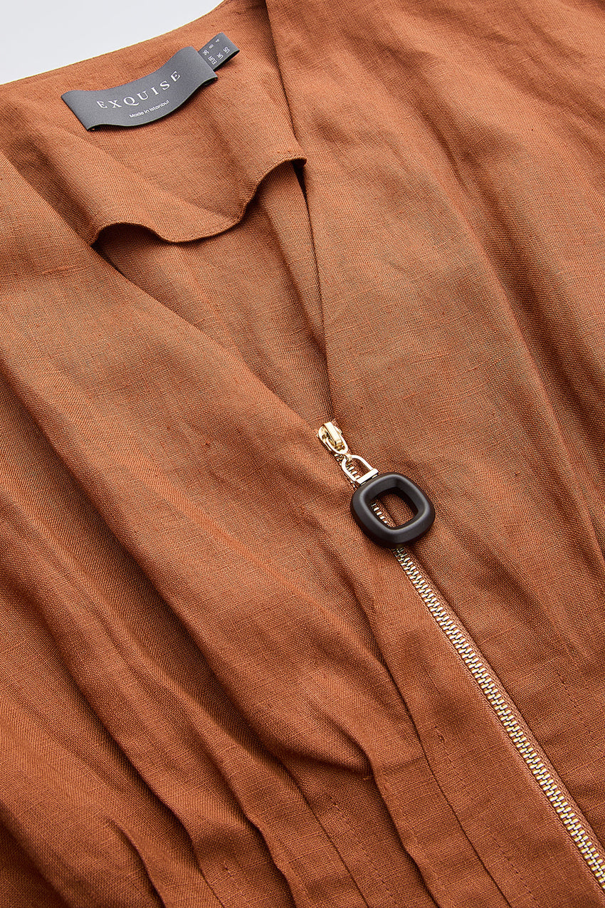 Short Sleeve  Linen Mini Dress - BROWN