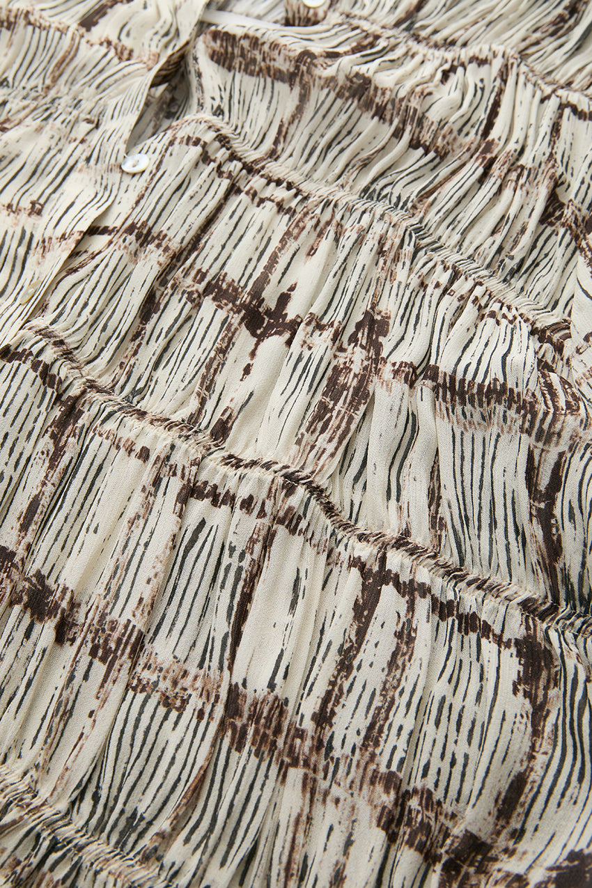 Ruched Stand Collar Lined Chiffon Shirt - ECRU BROWN