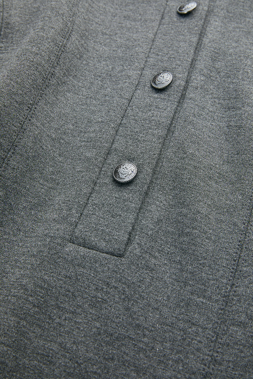 Long Sleeve Knit Dress with Zipper and Pockets - GREY MELANGE