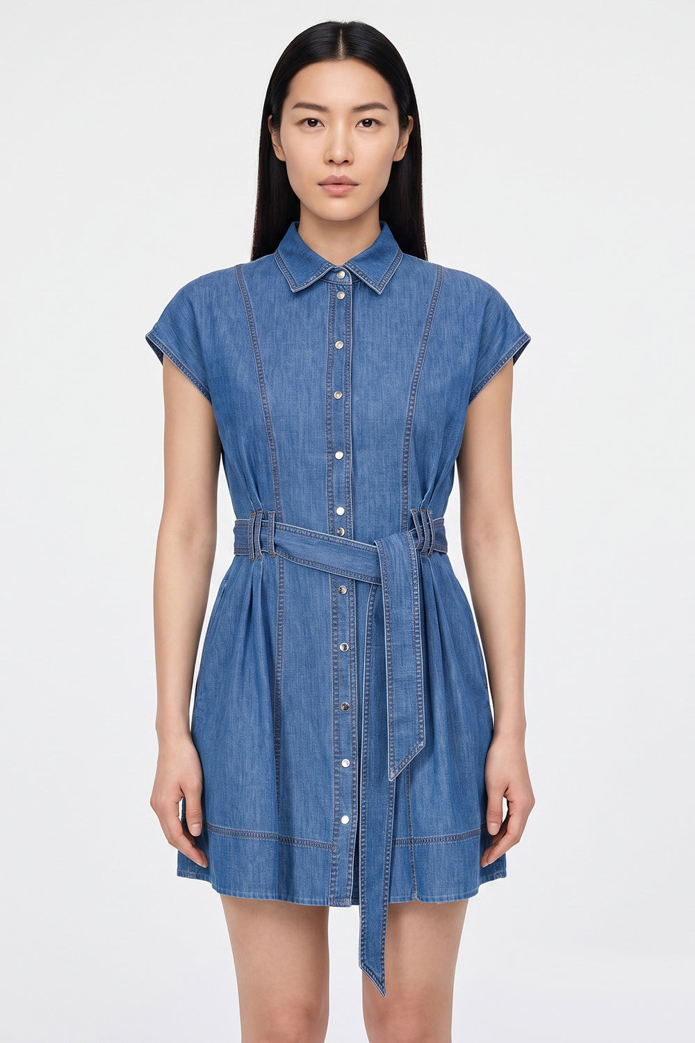 Short Sleeve Mini Dress with Pockets and Belt - INDIGO