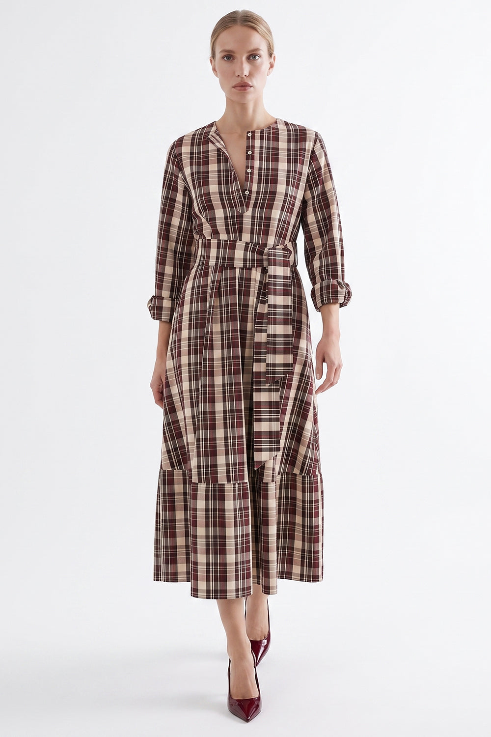 Round Neck Midi Dress with Belt and Pockets - MULTICOLOR
