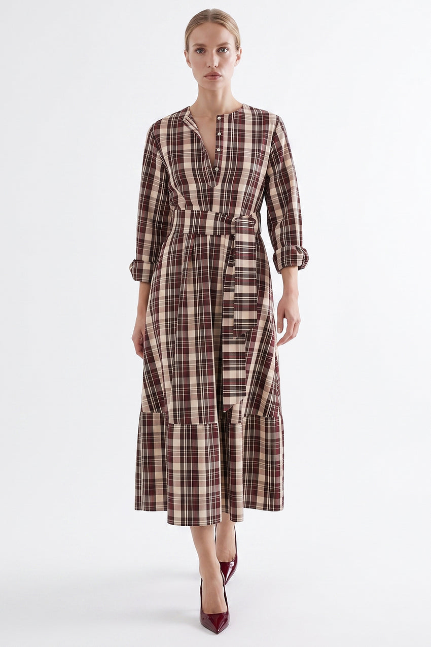 Round Neck Midi Dress with Belt and Pockets - MULTICOLOR