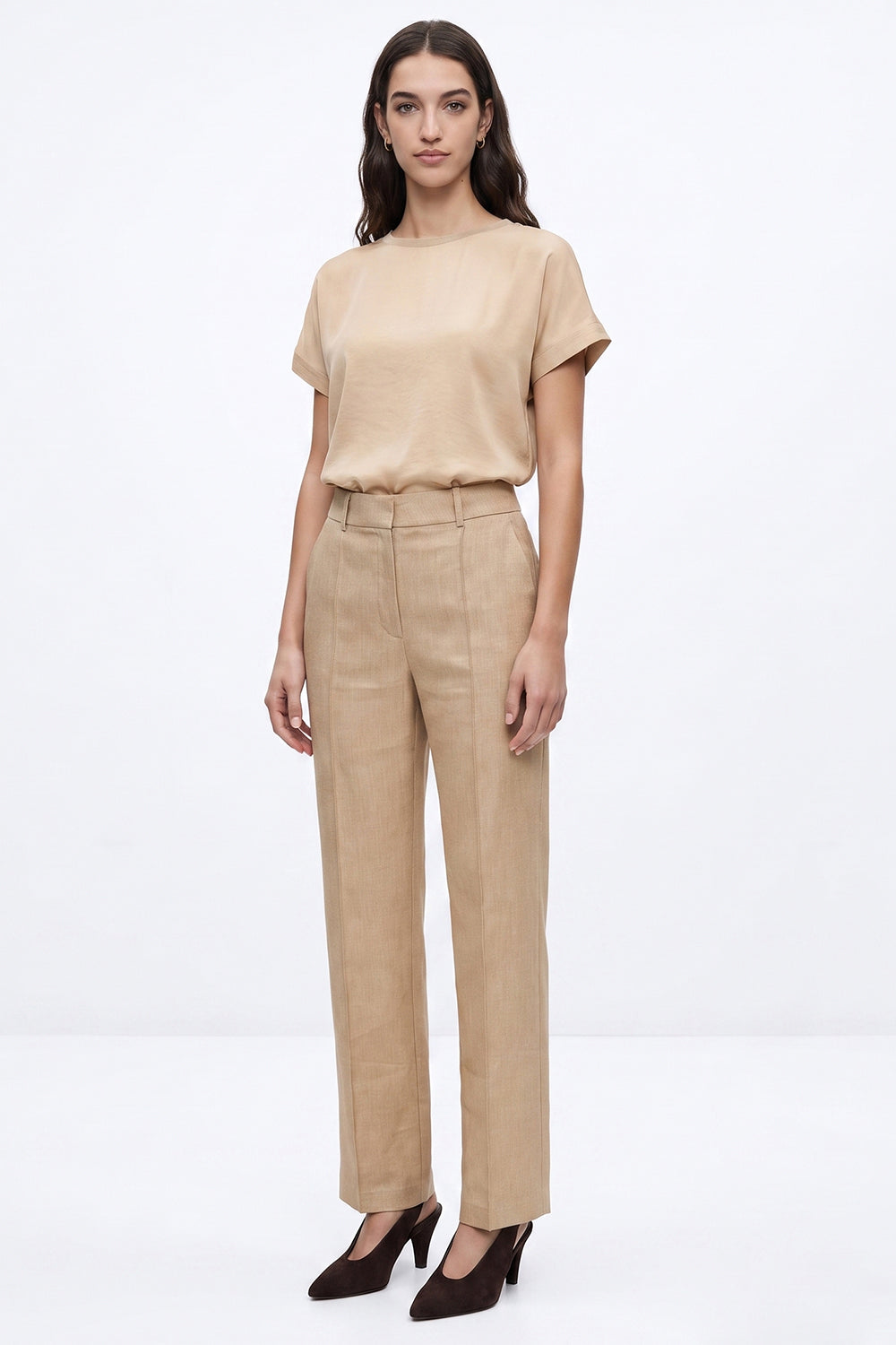High Waisted Linen Blend Trousers - CAMEL