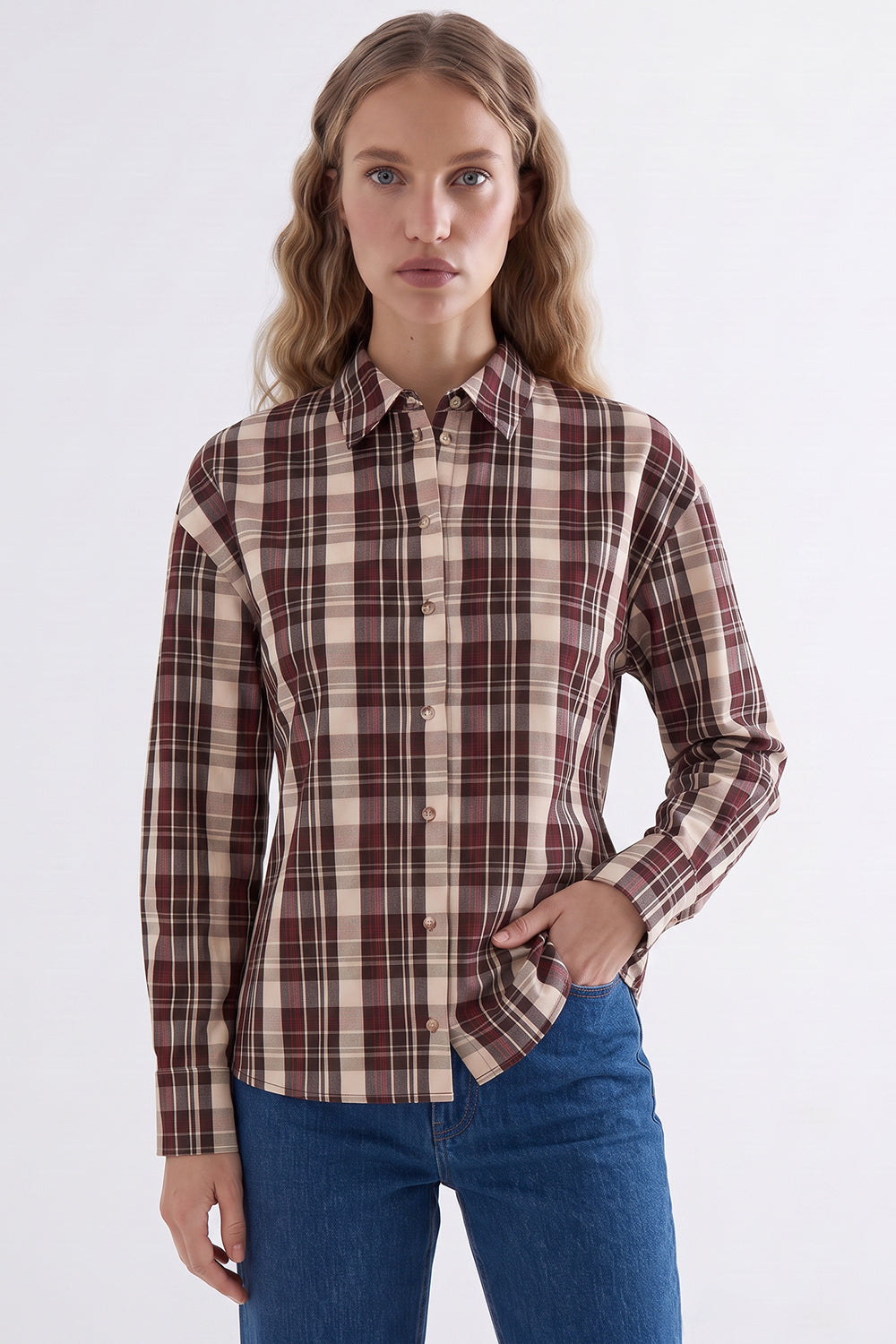 Long Sleeve Snap Button Shirt with Back Pleats - MULTICOLOR