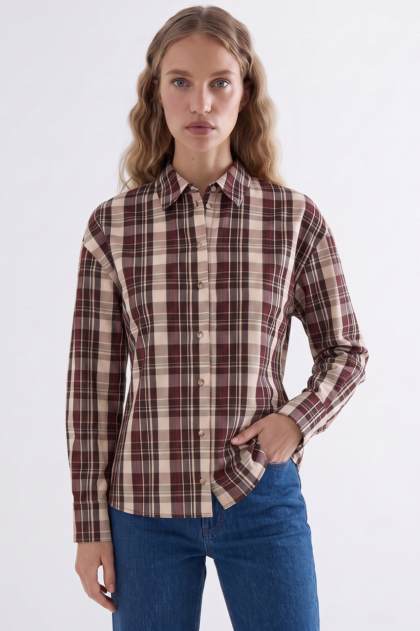 Long Sleeve Snap Button Shirt with Back Pleats - MULTICOLOR