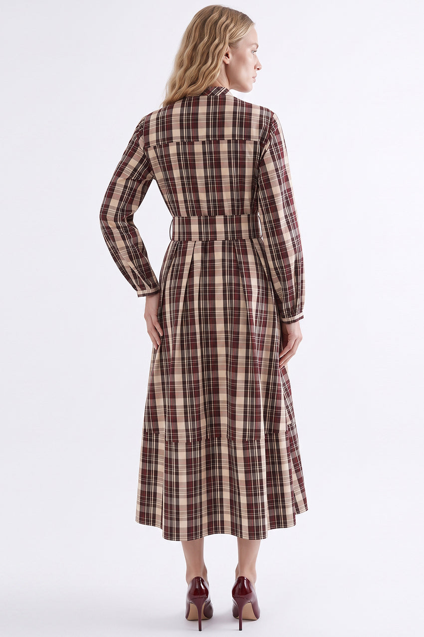 Round Neck Midi Dress with Belt and Pockets - MULTICOLOR