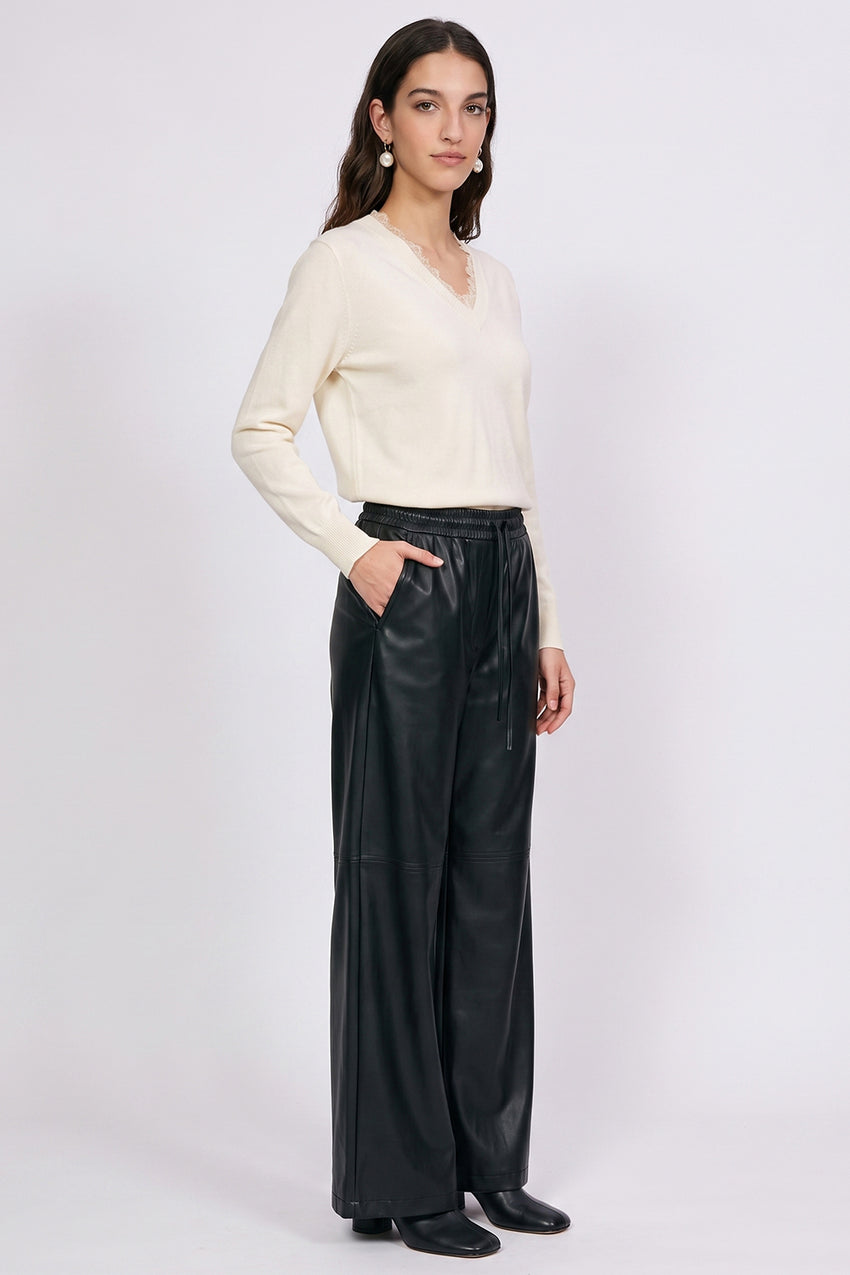 Faux Leather Wide-Leg Trousers with Elastic Waist - BLACK