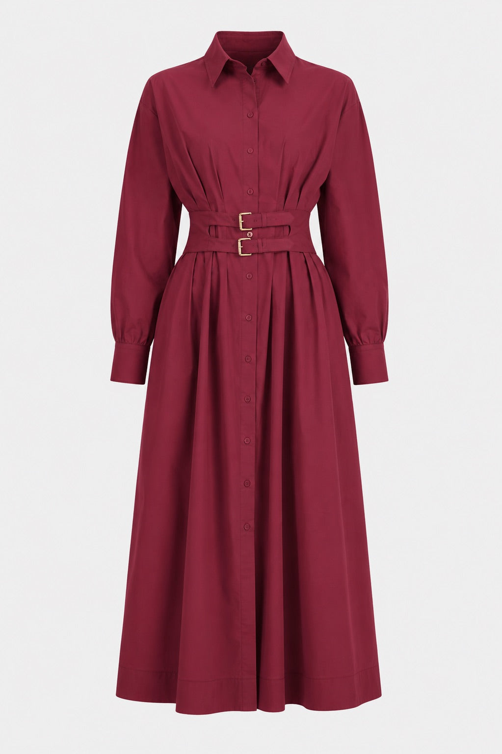 Belted Fitted Waist Midi Shirt Dress – BURGUNDY