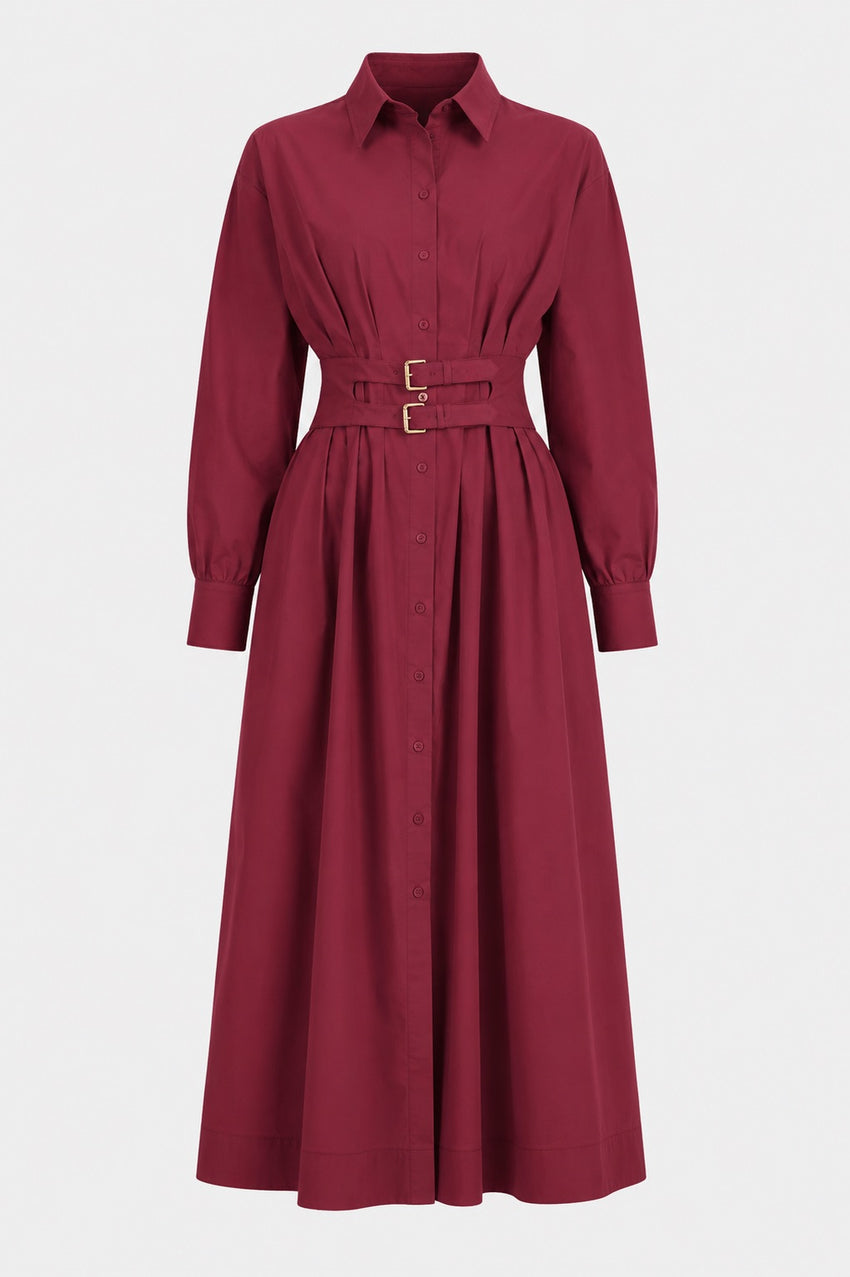 Belted Fitted Waist Midi Shirt Dress – BURGUNDY
