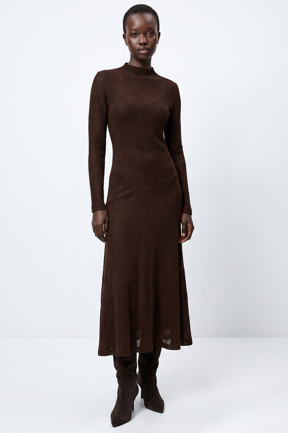 Lined Lace Flared Knit Midi Dress - BROWN